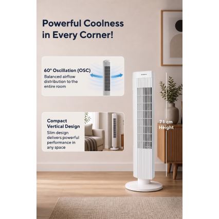 Torņa ventilators 50W/230V 74,5 cm balts