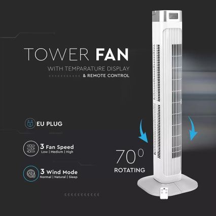 Torņveida  ventilators ar temperatūras  indikatoru un tālvadības pulti 55W/230V