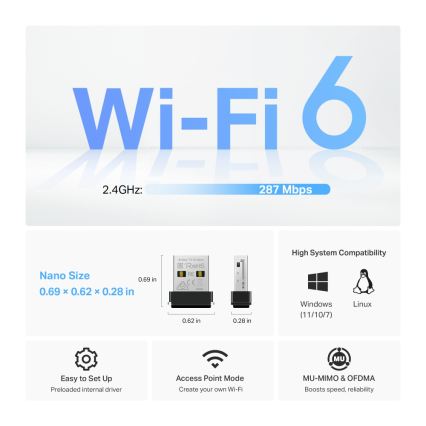 TP-Link - Bezvadu Wi-Fi 6 USB nano adapters Archer TX1U Nano