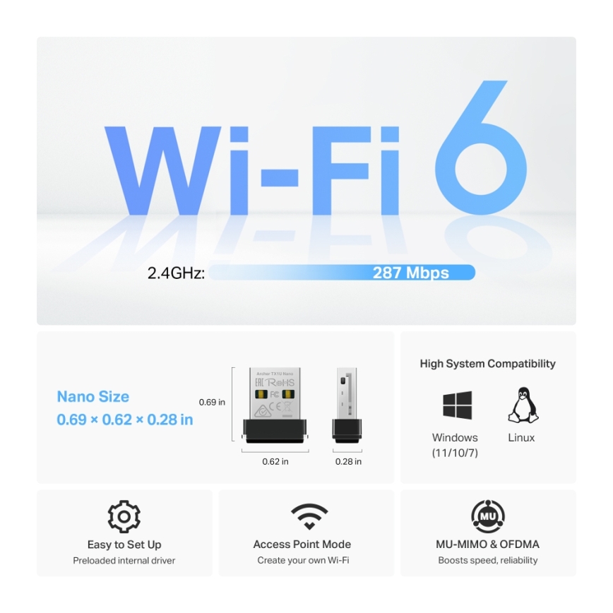 TP-Link - Bezvadu Wi-Fi 6 USB nano adapters Archer TX1U Nano