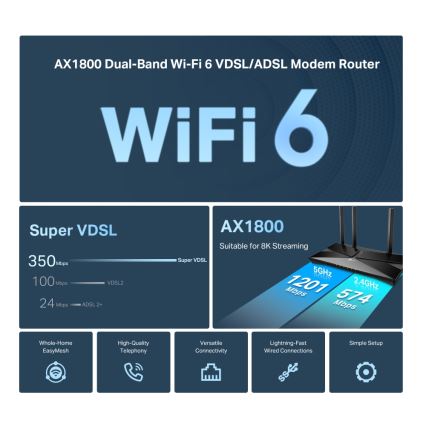TP-Link - divjoslu VDSL/ADSL modema maršrutētājs ar Wi‑Fi 6 Archer VX1800V