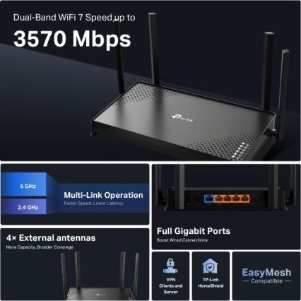 TP-Link - Divjoslu Wi-Fi 7 maršrutētājs Archer BE220