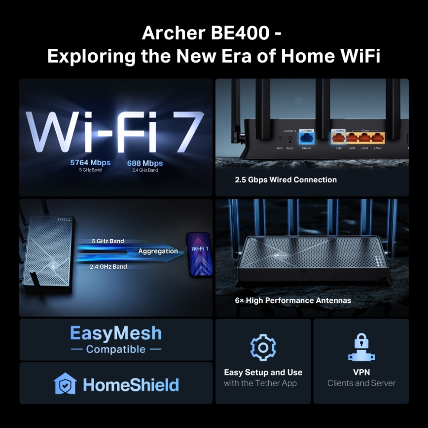 TP-Link - divjoslu Wi-Fi 7 maršrutētājs Archer BE400