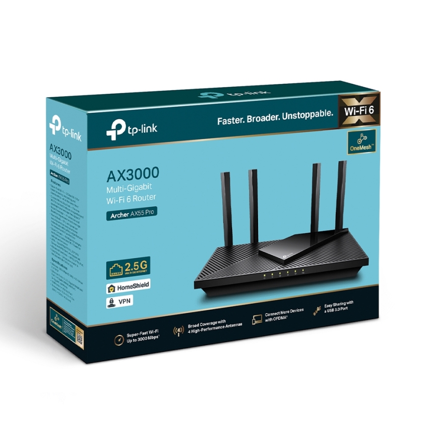 TP-Link - Divu joslu multigigabitu Wi-Fi 6 maršrutētājs ar 2,5G portu Archer AX55 Pro