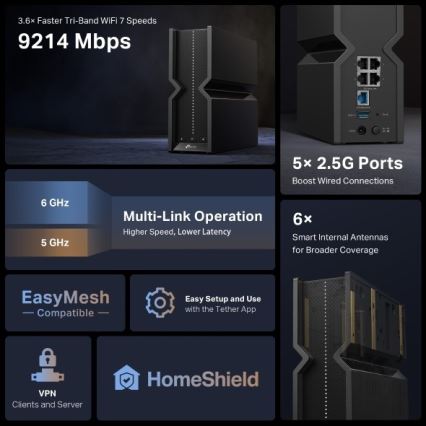 TP-Link - trīsjoslu Wi‑Fi 7 maršrutētājs Archer BE550