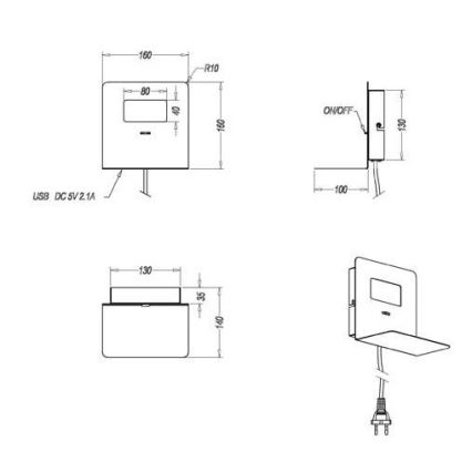 Trio - LED Sienas lampa ar plauktu ALOFT LED/3W/230V + USB ports