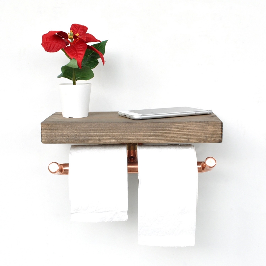 Tualetes papīra turētājs ar plauktu BORU 12x30 cm egle/varš