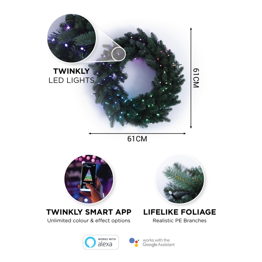 Twinkly - LED RGB Ziemassvētku vainags PRE-LIT WREATH 50xLED d. 61cm Wi-Fi