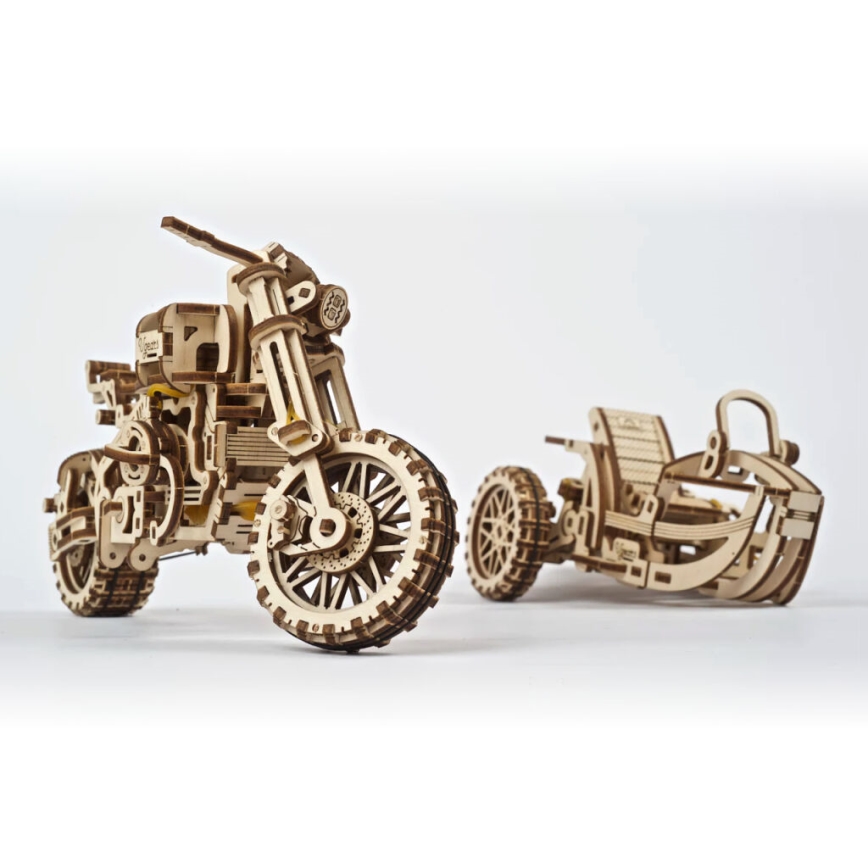 Ugears - 3D koka mehāniskā puzle Scrambler motocikls ar blakusvāģi