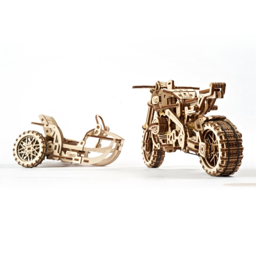 Ugears - 3D koka mehāniskā puzle Scrambler motocikls ar blakusvāģi