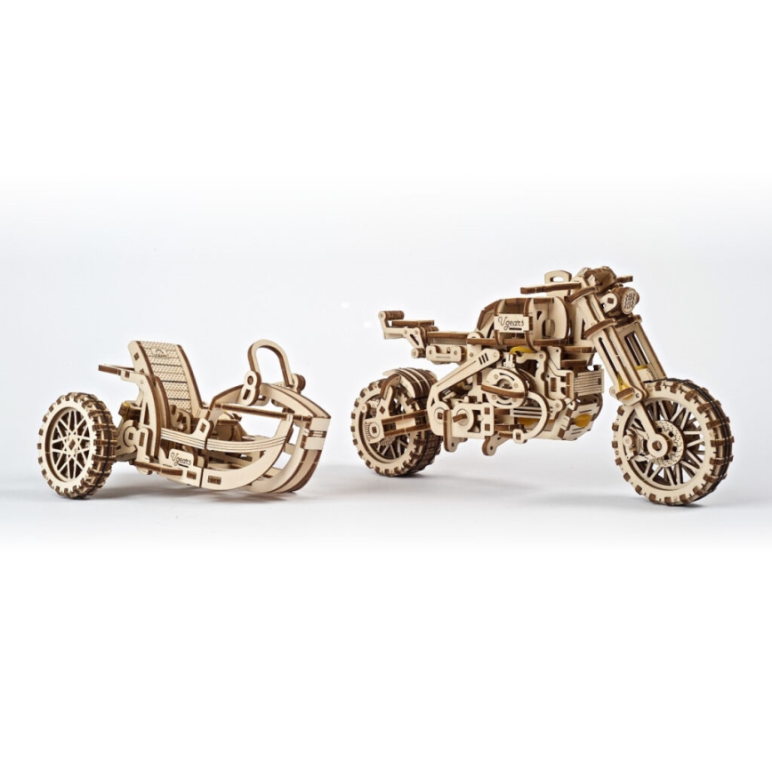 Ugears - 3D koka mehāniskā puzle Scrambler motocikls ar blakusvāģi