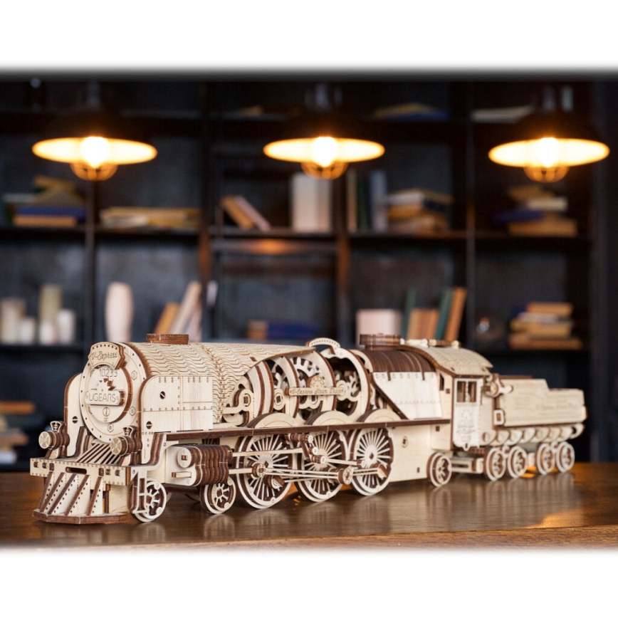 Ugears - 3D koka mehāniskā puzle V-Ekspress tvaika lokomotīve ar platformu