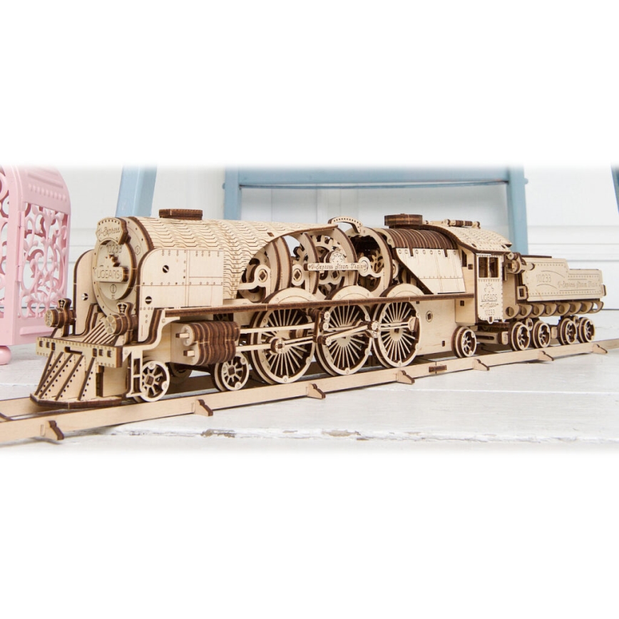 Ugears - 3D koka mehāniskā puzle V-Ekspress tvaika lokomotīve ar platformu