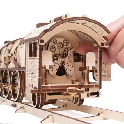 Ugears - 3D koka mehāniskā puzle V-Ekspress tvaika lokomotīve ar platformu