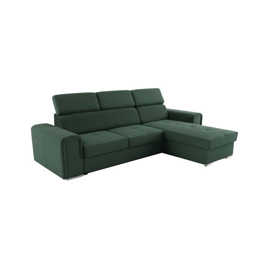 Universāls L formas izvelkamais stūra dīvāns SALVADA ar ietilpīgu uzglabāšanas nodalījumu — zaļš