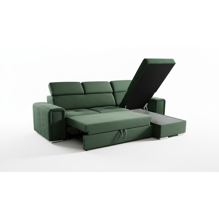 Universāls L formas izvelkamais stūra dīvāns SALVADA ar ietilpīgu uzglabāšanas nodalījumu — zaļš