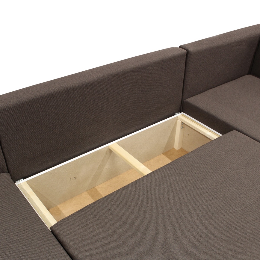 Universāla U formas izvelkama stūra dīvāna garnitūra SEYA ar uzglabāšanas nodalījumu, brūna