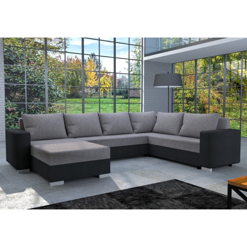 Universāls polsterēts U formas izvelkamais dīvāns YORK, pelēks/melns