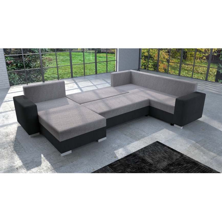 Universāls polsterēts U formas izvelkamais dīvāns YORK, pelēks/melns