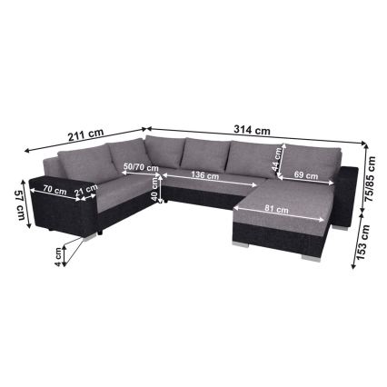 Universāls polsterēts U formas izvelkamais dīvāns YORK, pelēks/melns
