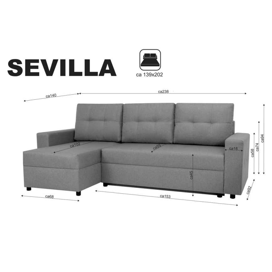 Universāls stūra dīvāns ar guļamfunkciju un uzglabāšanas nodalījumu SEVILLA antracīts