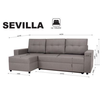 Universāls stūra dīvāns ar guļamfunkciju un uzglabāšanas nodalījumu SEVILLA pelēks