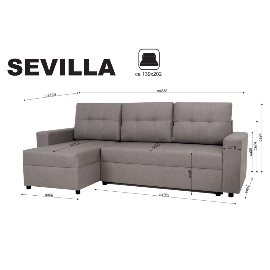 Universāls stūra dīvāns ar guļamfunkciju un uzglabāšanas nodalījumu SEVILLA pelēks