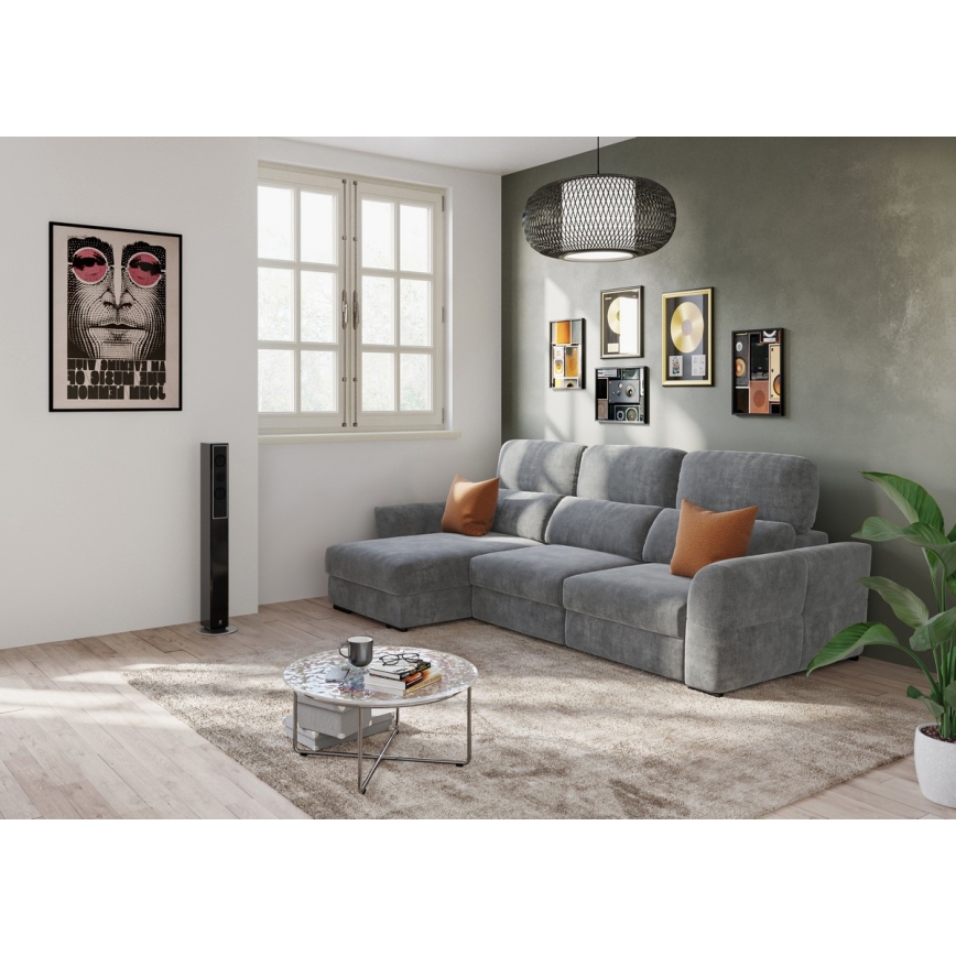 Universāls stūra izvelkamais trīsvietīgs dīvāns ar uzglabāšanas vietu TRENTO pelēks