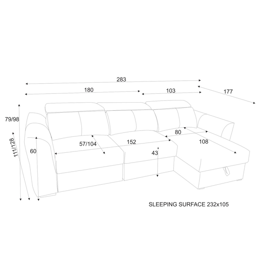 Universāls stūra izvelkamais trīsvietīgs dīvāns ar uzglabāšanas vietu TRENTO pelēks
