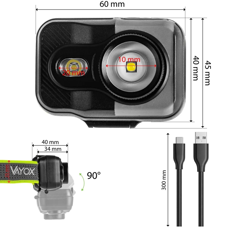Uzlādējams LED galvas lukturis ar regulējamu spilgtumu LED/10W/5V/3xAAA IP66 800 lm 1000 mAh