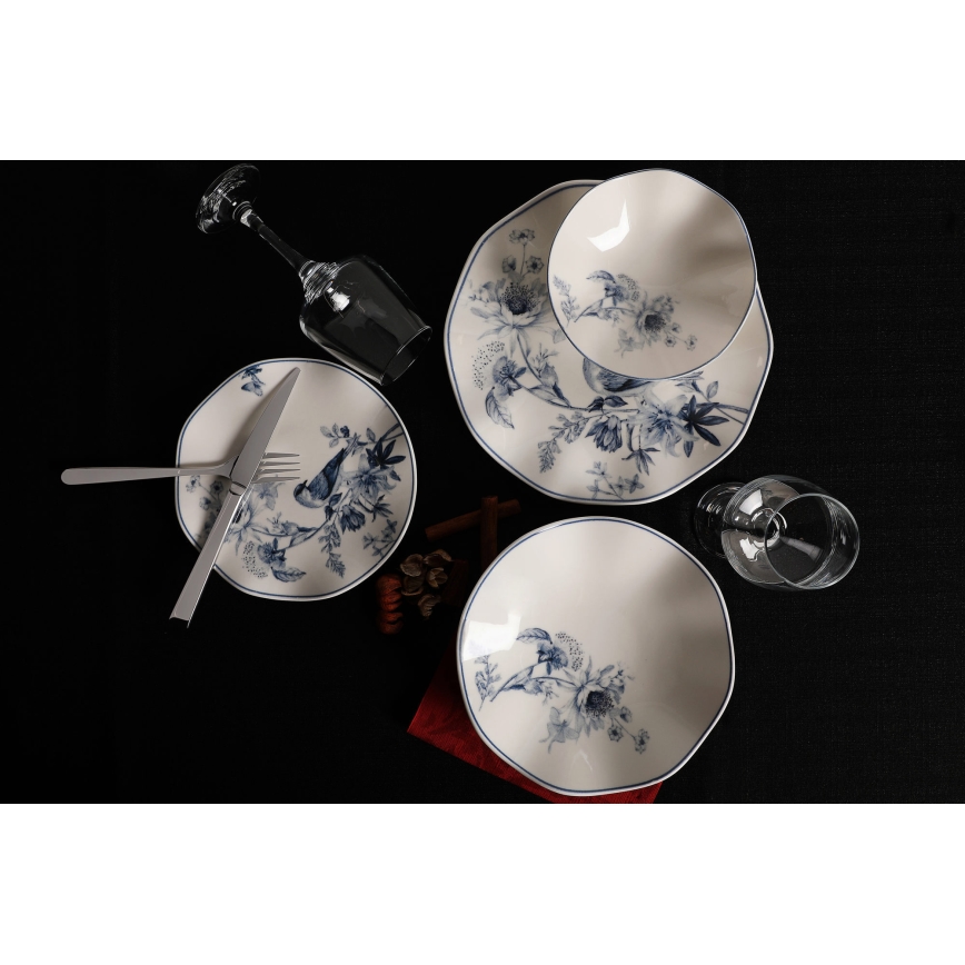Vakariņu servīze 24 gab. — balta/zila, porcelāns