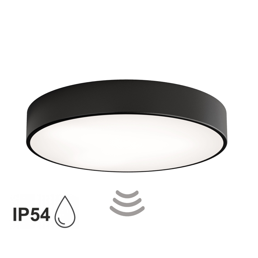 Vannas istabai paredzēts griestu gaismeklis ar sensoru CLEO, 4xE27/24W/230V, diametrs 50 cm, IP54, melns