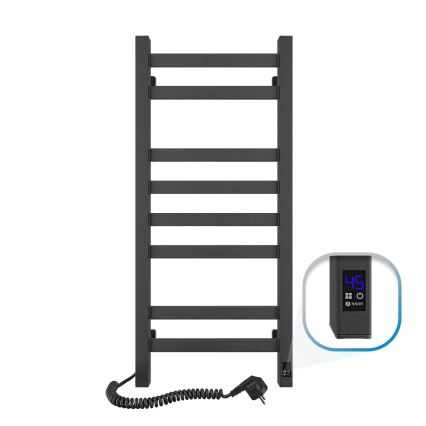 Vannas istabas dvieļu radiators ar termostatu AVANGARD, 251W/230V, 80,6 cm, IP44, melns, kreisais, kvadrātveida