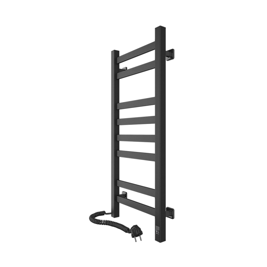 Vannas istabas dvieļu radiators ar termostatu AVANGARD, 251W/230V, 80,6 cm, IP44, melns, kreisais, kvadrātveida