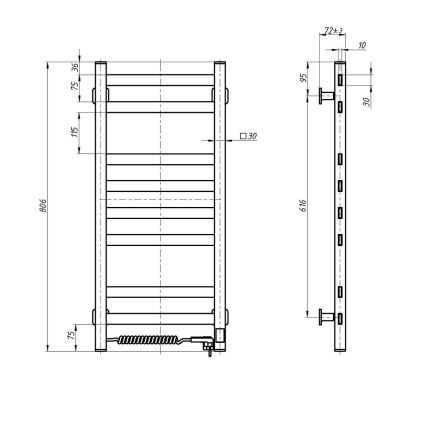 Vannas istabas dvieļu radiators ar termostatu AVANGARD, 251W/230V, 80,6 cm, IP44, melns, kreisais, kvadrātveida