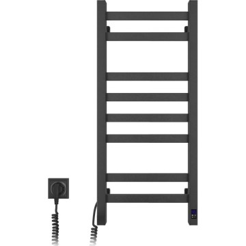Vannas istabas dvieļu radiators ar termostatu AVANGARD, 251W/230V, 80,6 cm, IP44, melns, kreisais, kvadrātveida