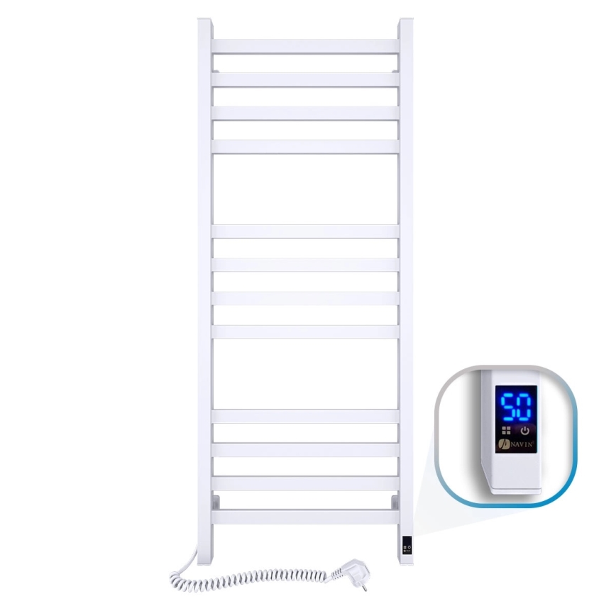 Vannas istabas dvieļu radiators ar termostatu AVANGARD 459W/230V 120,6 cm IP44 balts kreisais ar taisnām malām