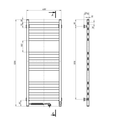 Vannas istabas dvieļu radiators ar termostatu AVANGARD 459W/230V 120,6 cm IP44 balts kreisais ar taisnām malām