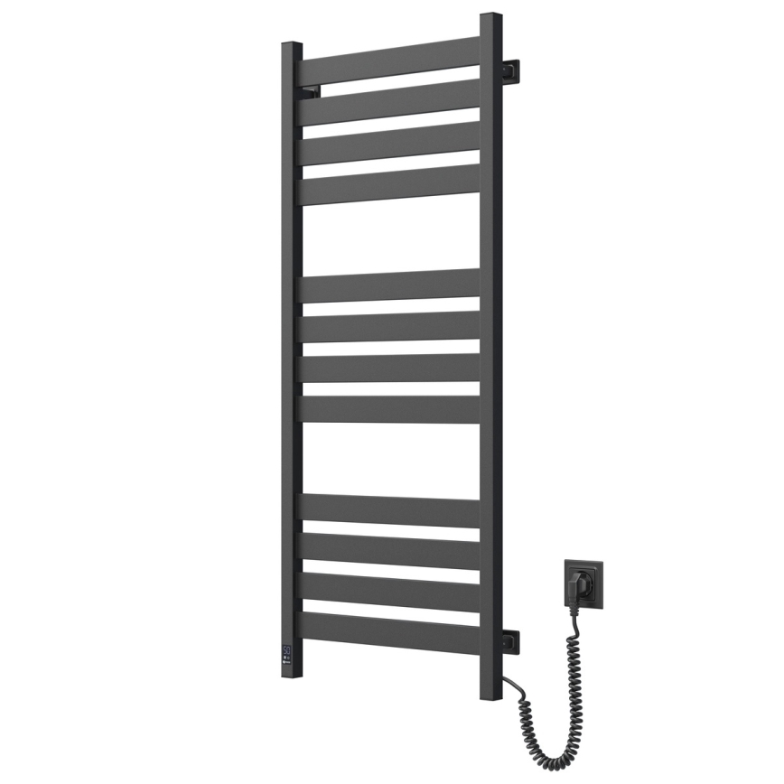 Vannas istabas žeburveida dvieļu radiators ar termostatu LARGO 541W/230V 120,6 cm IP44, melns, labās puses pieslēgums, ar kvadrātveida profilu
