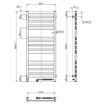 Vannas istabas žeburveida dvieļu radiators ar termostatu LARGO 541W/230V 120,6 cm IP44, melns, labās puses pieslēgums, ar kvadrātveida profilu