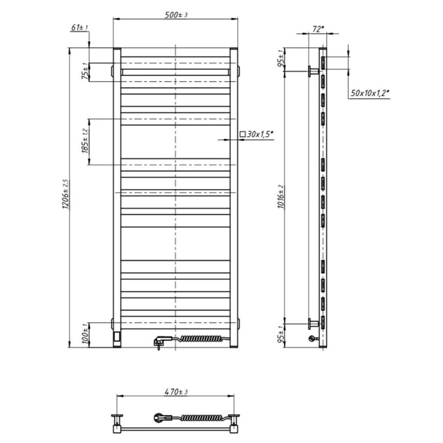 Vannas istabas žeburveida dvieļu radiators ar termostatu LARGO 541W/230V 120,6 cm IP44, melns, labās puses pieslēgums, ar kvadrātveida profilu