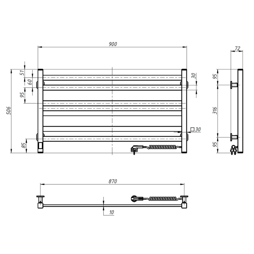 Vannas istabas dvieļu žāvētājs ar termostatu AVANGARD 316W/230V 50,6 cm IP44 balts labais kantains