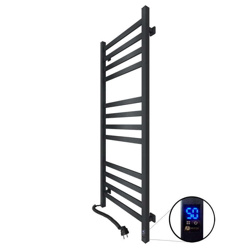 Vannas istabas žeburveida dvieļu radiators ar termostatu AVANGARD 459W/230V 120,6 cm IP44 melns kreisais kvadrātveida