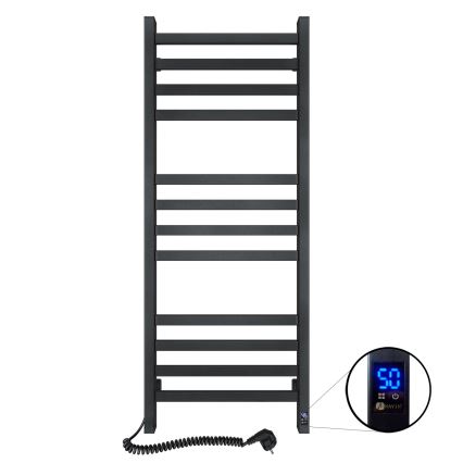 Vannas istabas žeburveida dvieļu radiators ar termostatu AVANGARD 459W/230V 120,6 cm IP44 melns kreisais kvadrātveida
