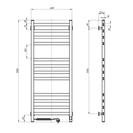 Vannas istabas žeburveida dvieļu radiators ar termostatu AVANGARD 459W/230V 120,6 cm IP44 melns kreisais kvadrātveida