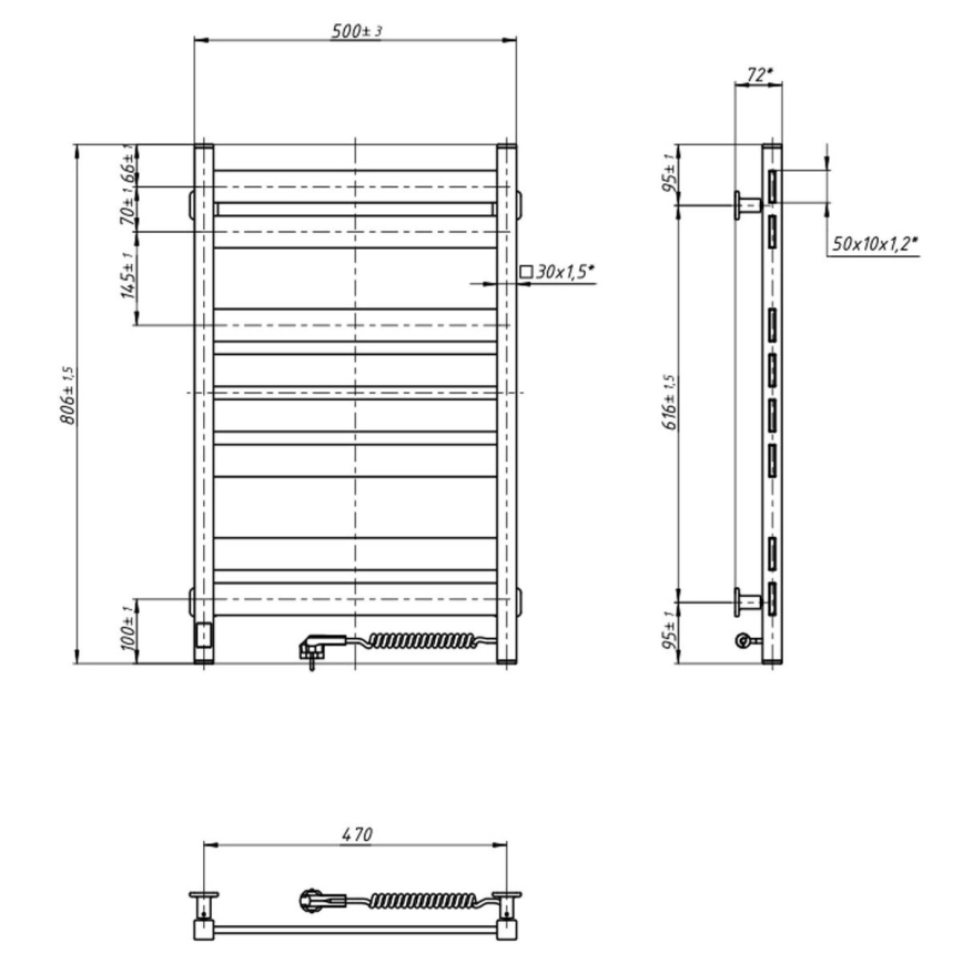 Vannas istabas dvieļu žāvētājs ar termostatu LARGO 432W/230V 80,6 cm IP44, balts, labais, kvadrātveida