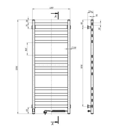 Vannas istabas dvieļu žāvētājs ar termostatu AVANGARD 459W/230V 120,6cm IP44, balts, labais, kvadrātveida