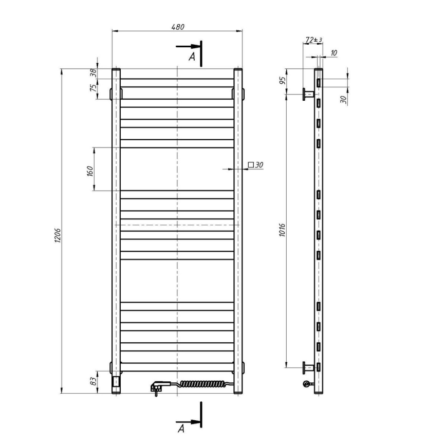 Vannas istabas dvieļu žāvētājs ar termostatu AVANGARD 459W/230V 120,6cm IP44, balts, labais, kvadrātveida