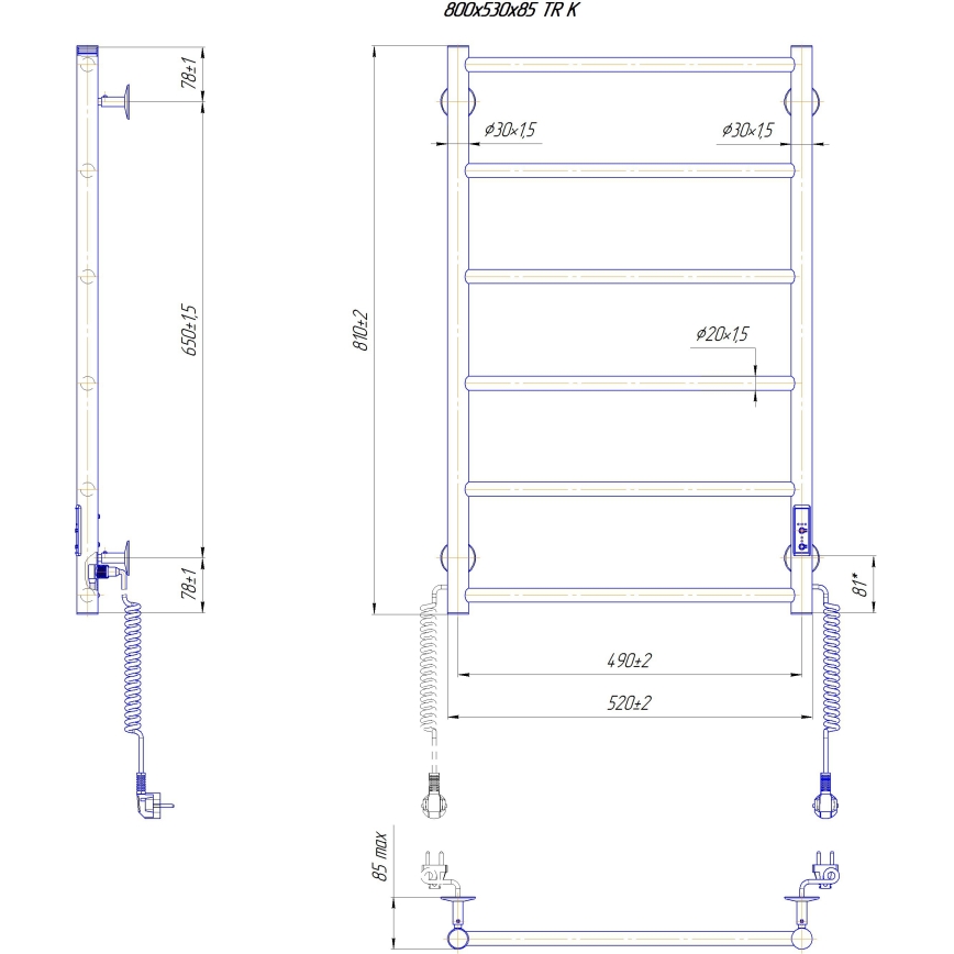 Vannas istabas dvieļu žāvētājs CLASSIC 110W/230V 81x52 cm nerūsējošais tērauds/melns, labais