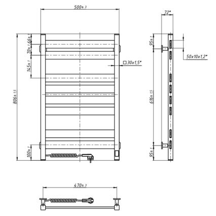 Vannas istabas dvieļu žāvētājs ar termostatu LARGO 432W/230V 80,6 cm IP44, melns, ar kreiso pieslēgumu, kvadrātveida
